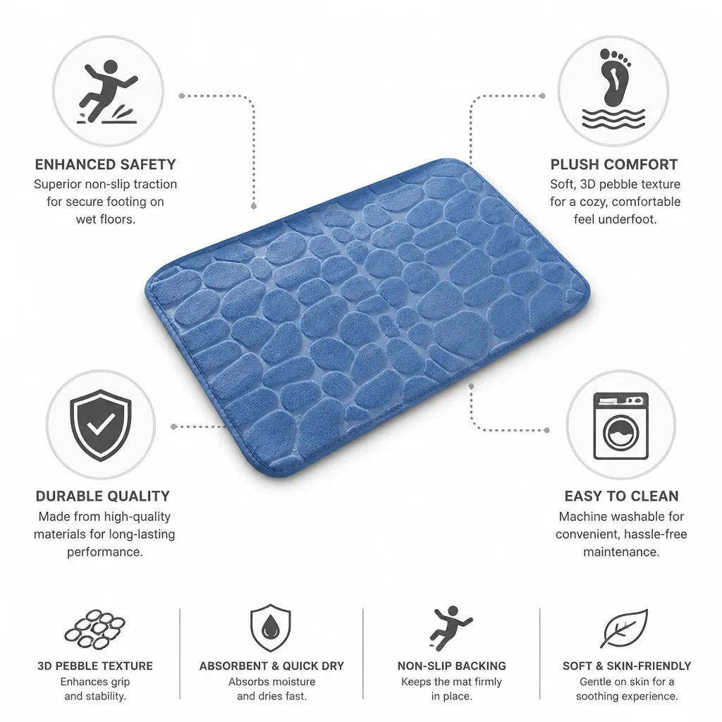 Bath Mat Non-Slip 3D Pebble Plush & Machine Washable