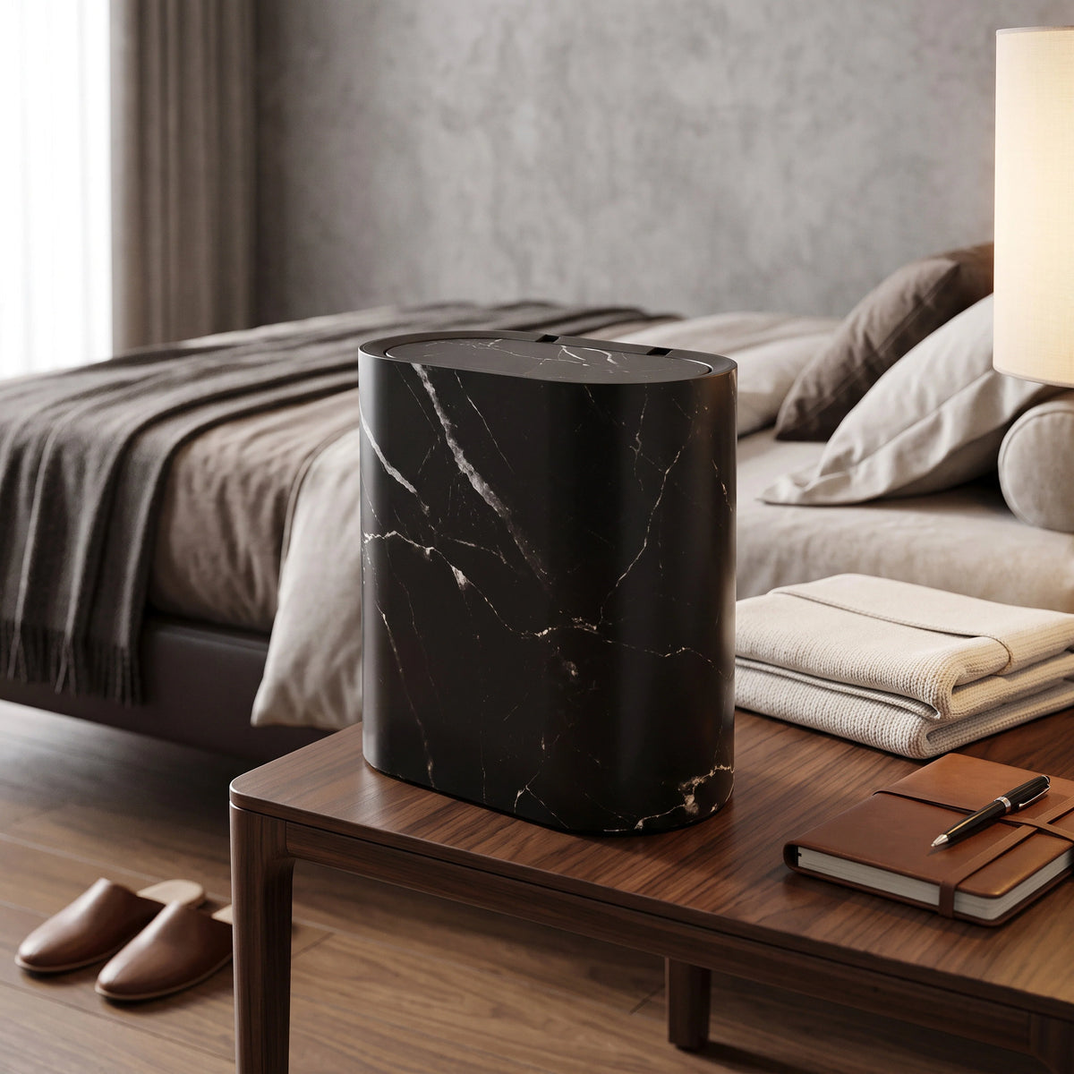 Bathroom Trash Can Push Top Space-Saving Marble Finish