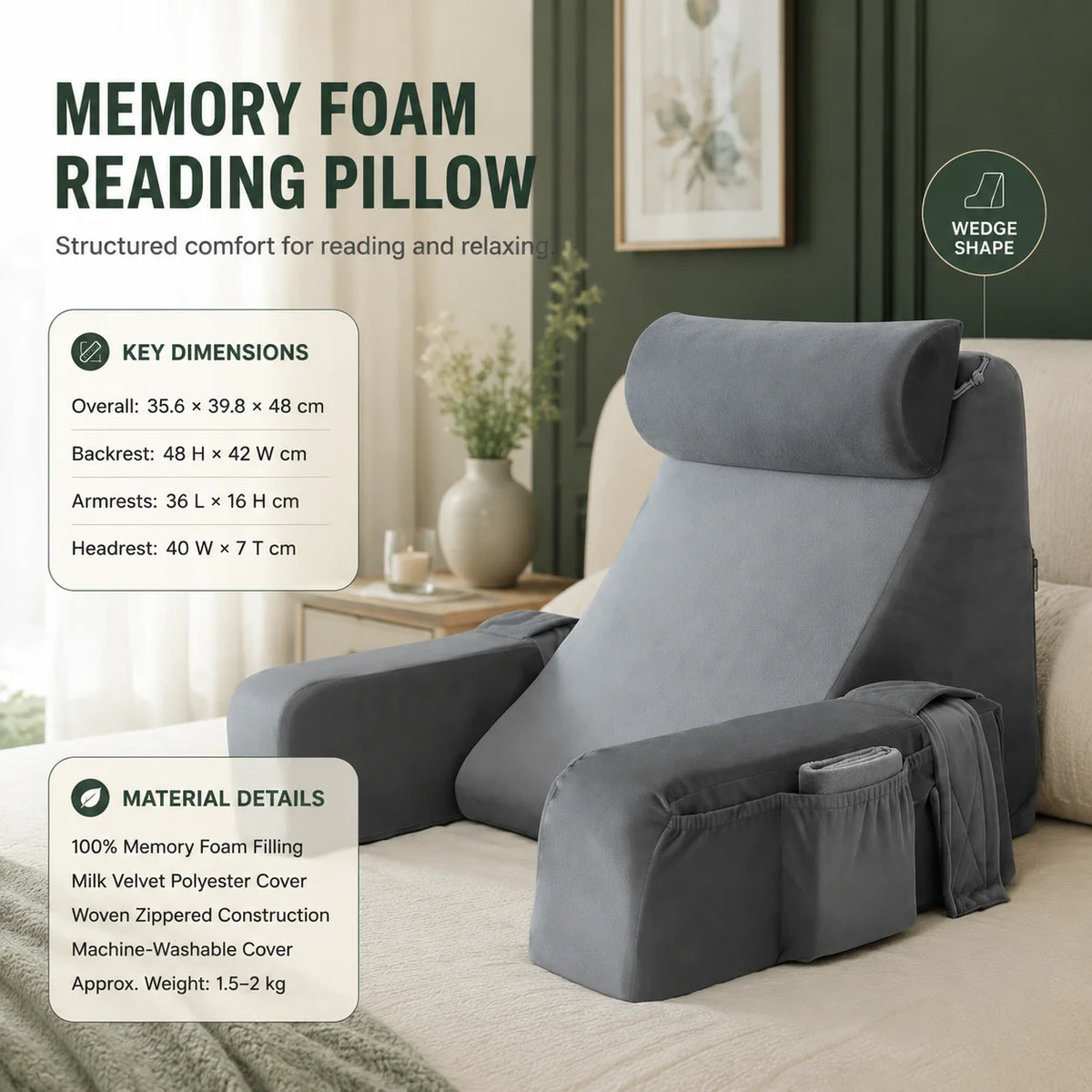 Bed Rest Pillow Memory Foam Wedge With Armrests
