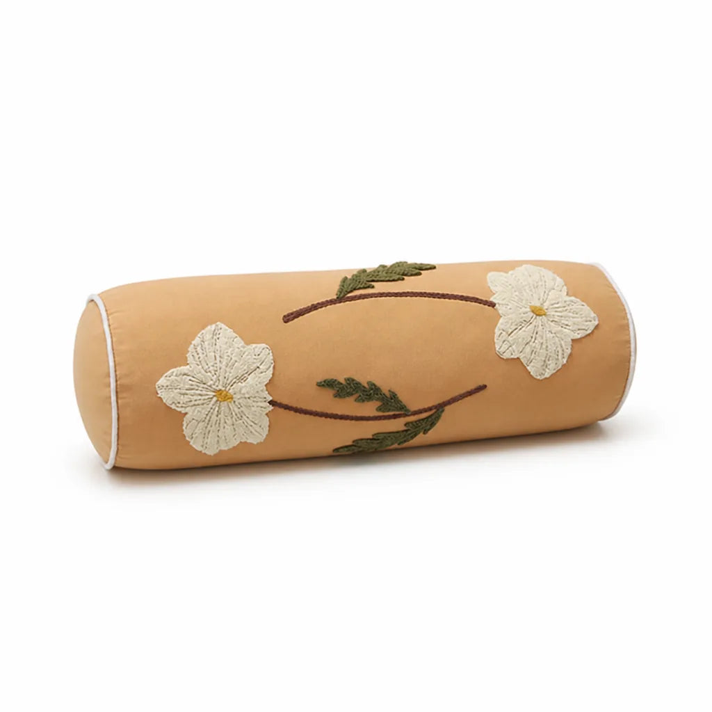 Bolster Pillow Hand-Stitched Floral Removable Cover