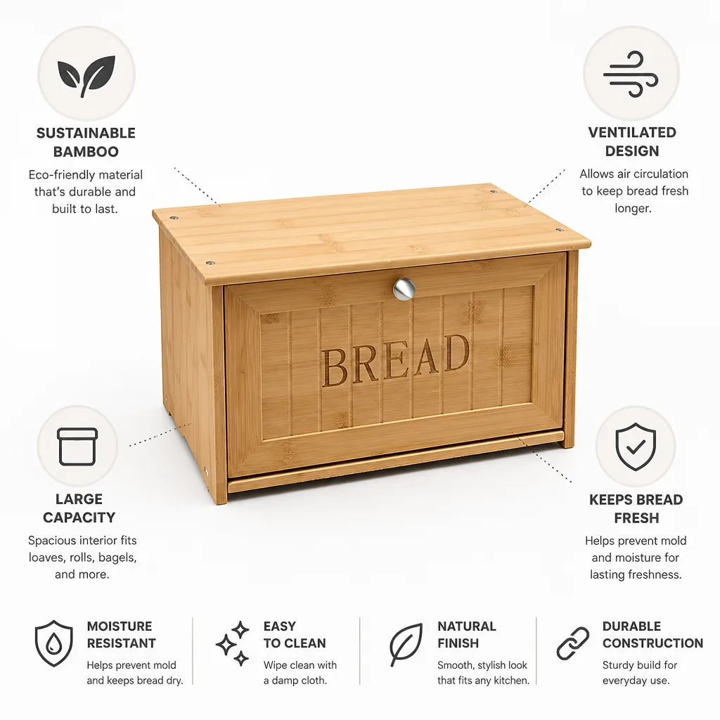 Bread Storage Box Bamboo Ventilated Large Capacity