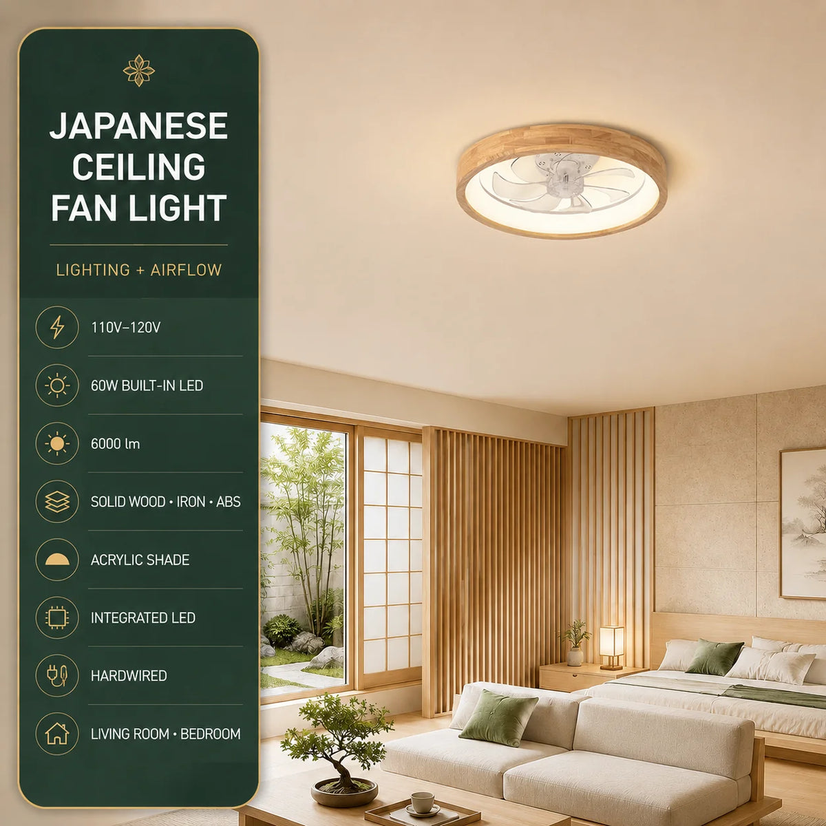 Ceiling Fan Light Solid Wood Flush Mount Dimmable LED