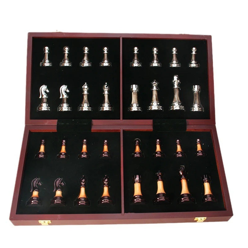 Chess Set Weighted Metal Pieces & Foldable Wood Board
