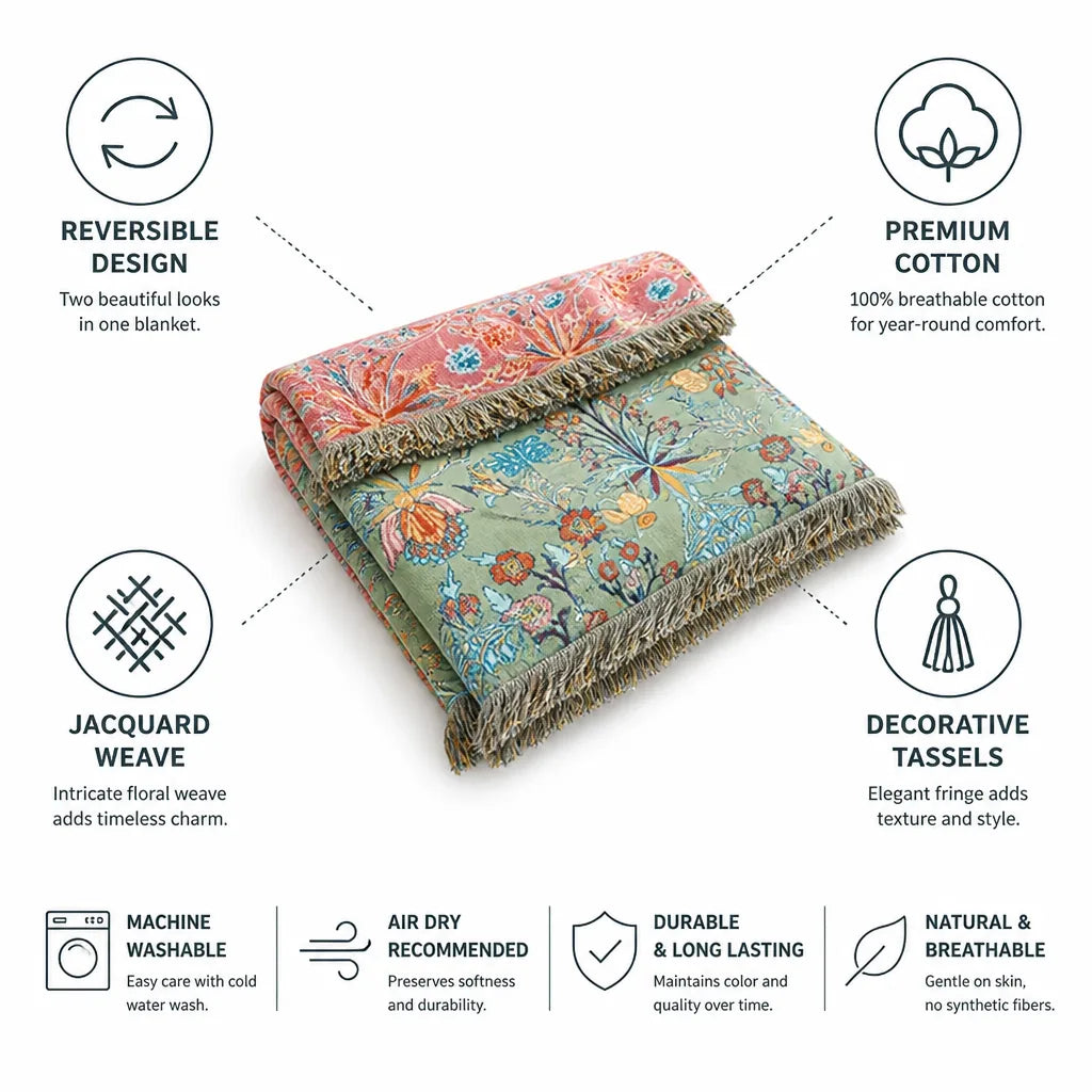 Cotton Throw Blanket Reversible Jacquard Floral Tassels