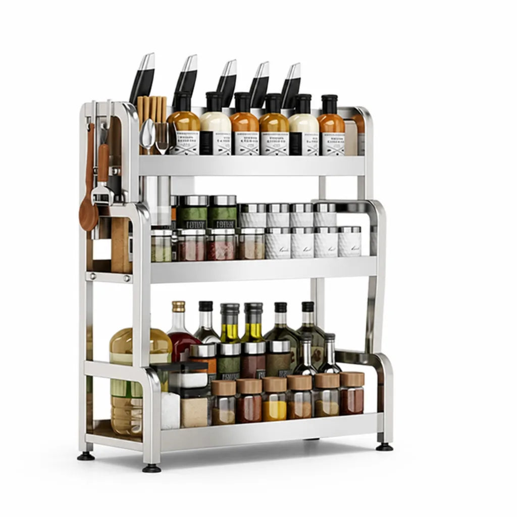 Countertop Shelf Stainless Steel Knife Holder & 6 Hooks