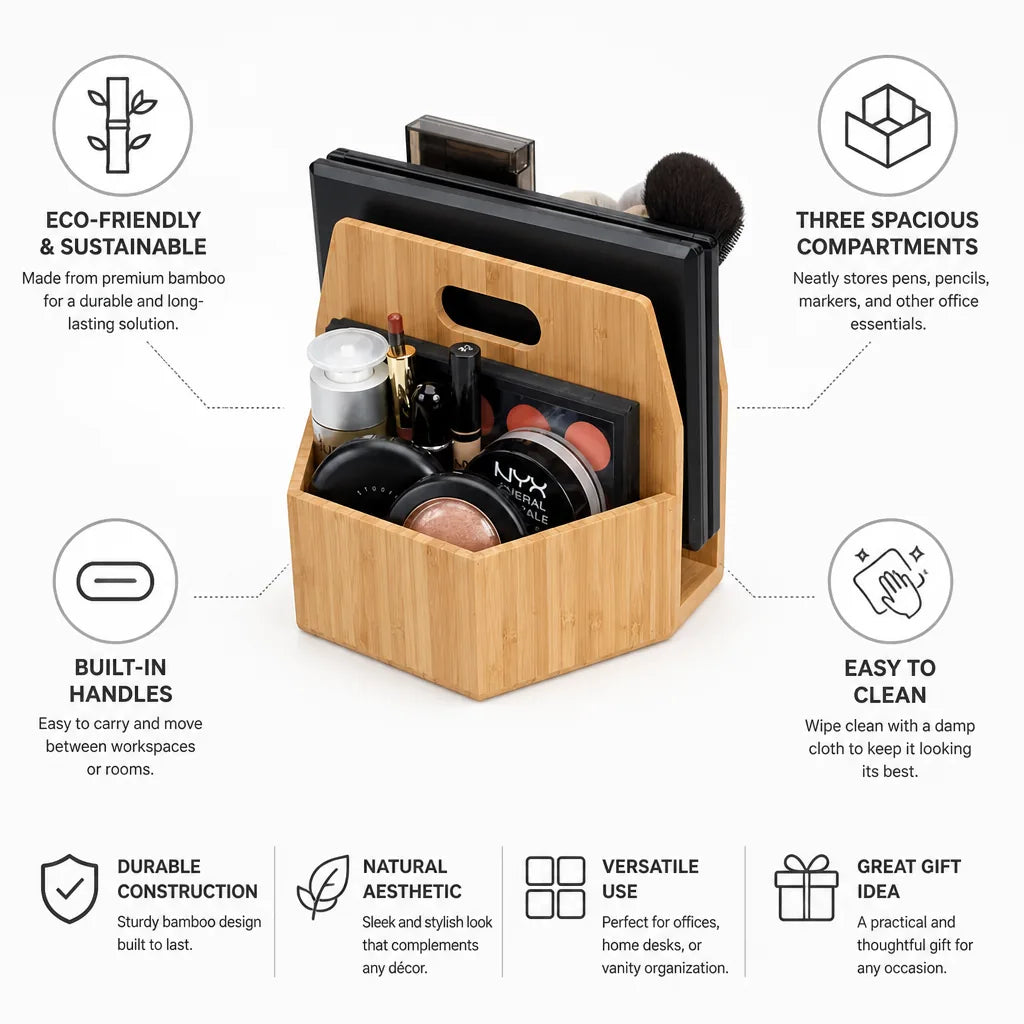 Desk Organizer Bamboo Three Compartments & Built-In Handles