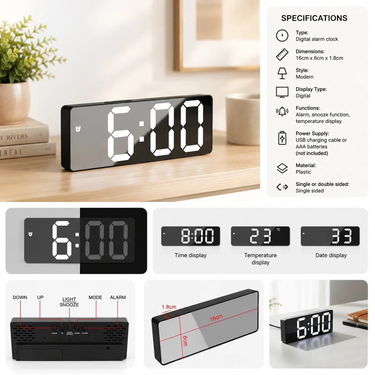 Digital Alarm Clock Mirror-Finish LED Time Date & Temperature