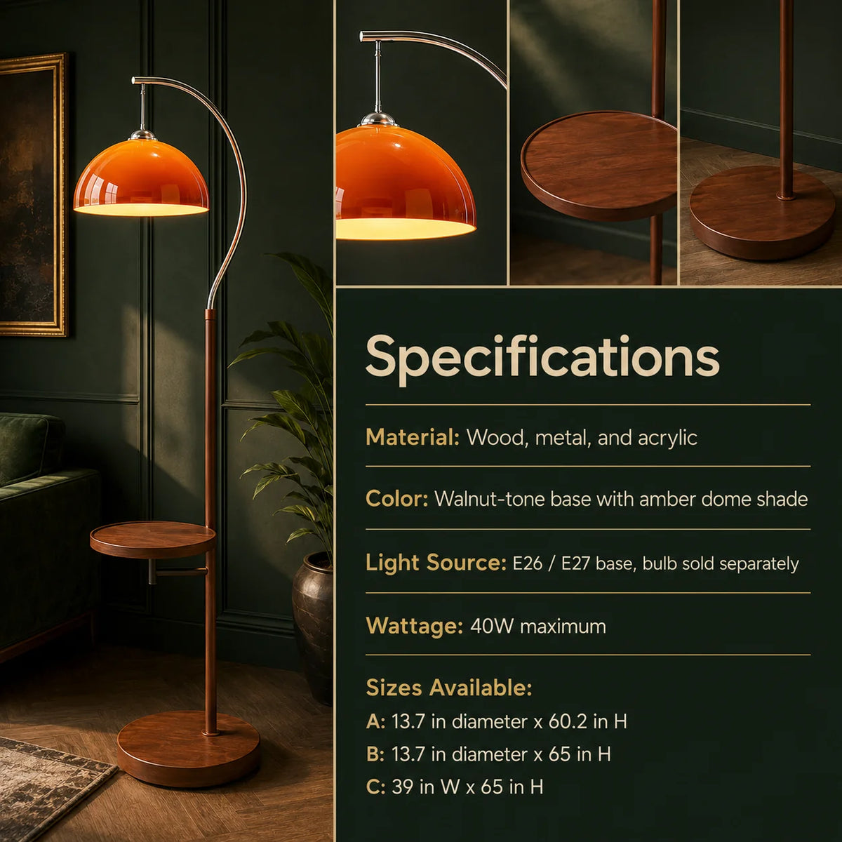 Floor Lamp Amber Acrylic Dome Wood-Tone Metal Base