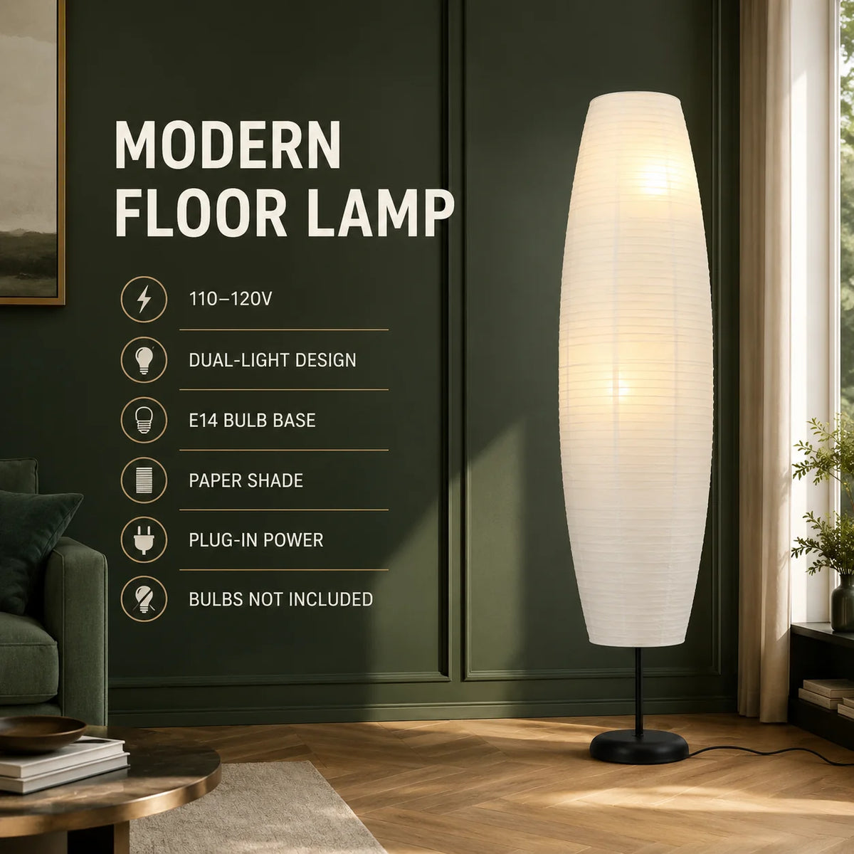 Floor Lamp Paper Shade Black Frame 54 Inch