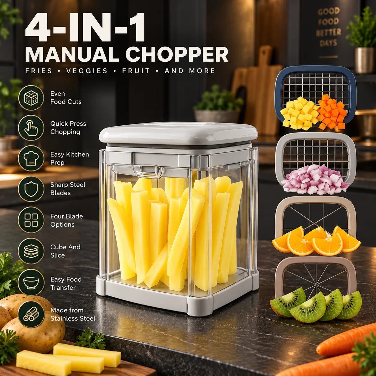 Fry & Vegetable Chopper 4-in-1 Stainless Steel Blades