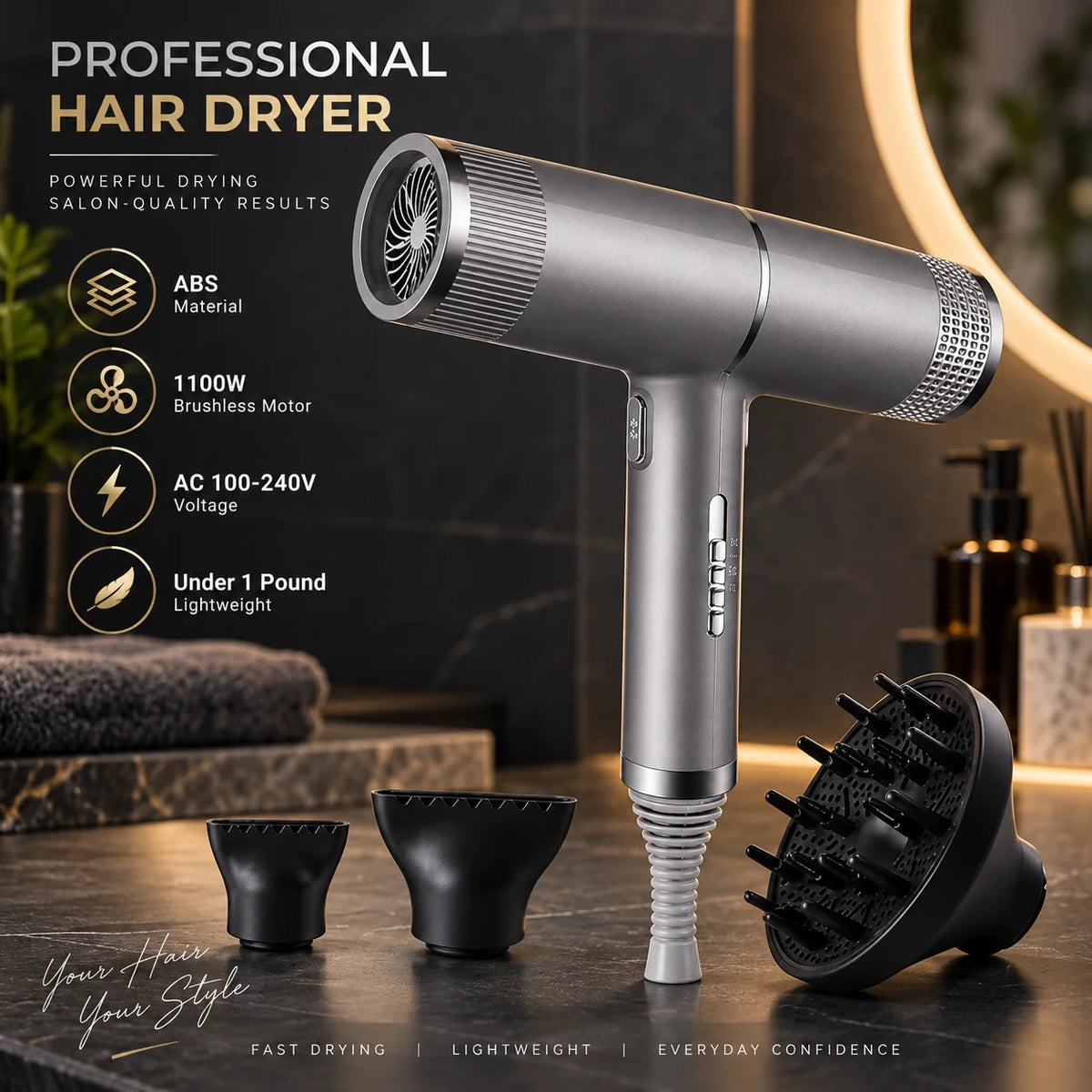 Hair Dryer Lightweight Travel Ionic & Brushless Motor
