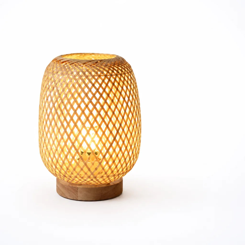 Handmade Bamboo and Wood Table Lamp with Woven Shade (E27 Socket)