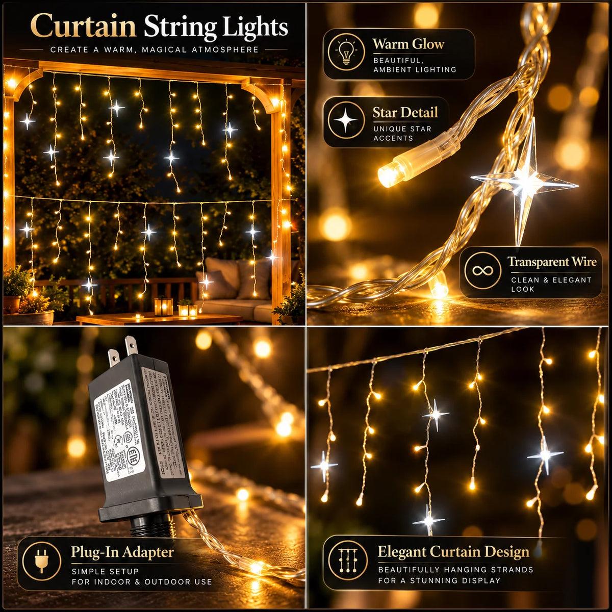 Icicle Curtain Lights Warm White LED Custom Widths Mounting Kit