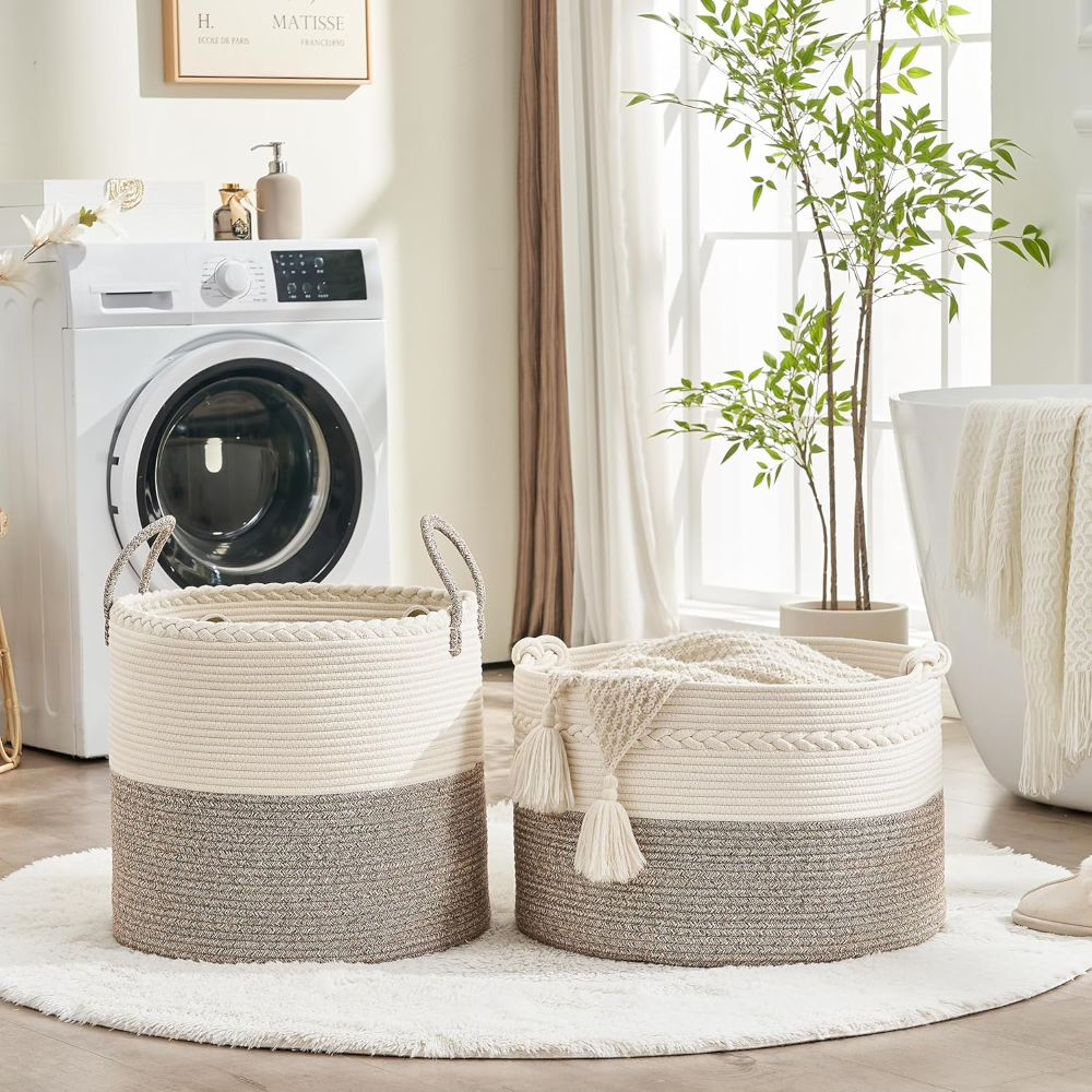 Large Round Storage Basket Cotton Rope & Thick Handles