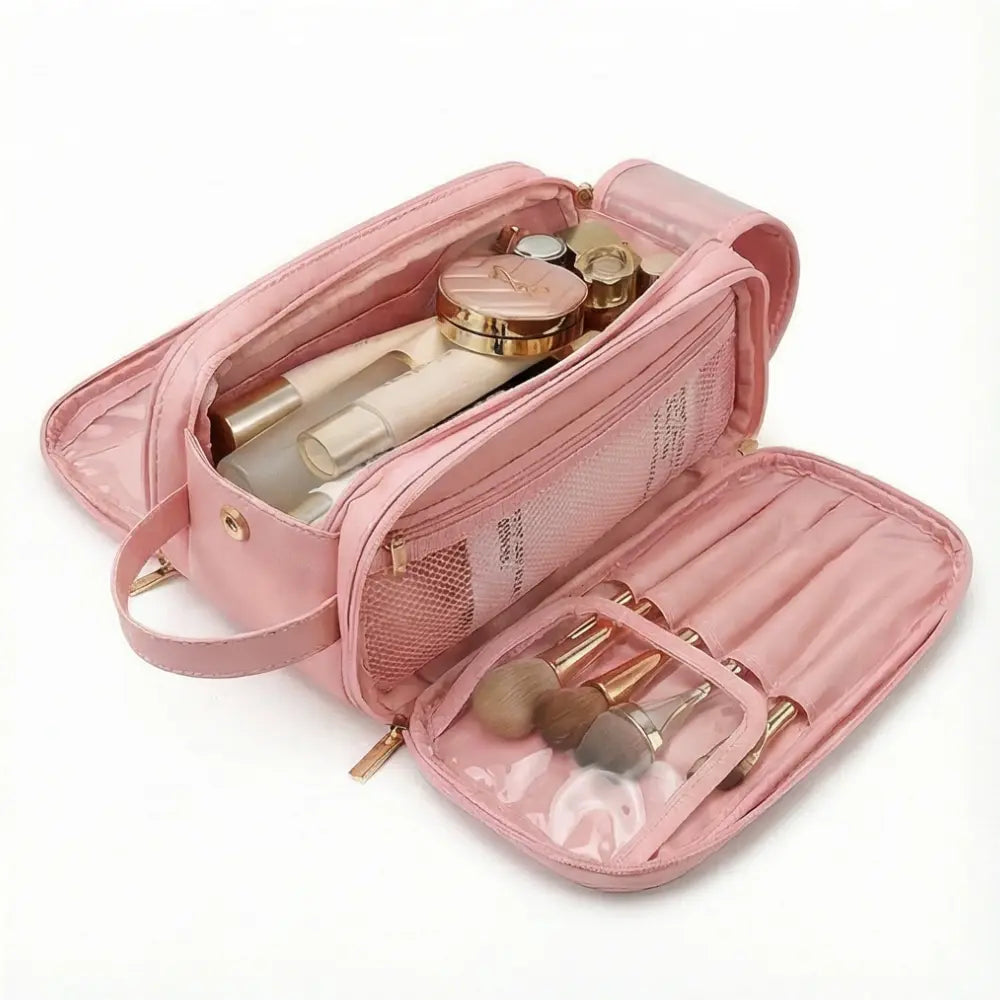 Makeup Organizer Bag Flat Foldable Dual-Zip & Brush Protectors