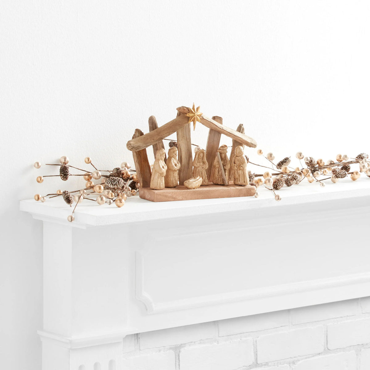 Nativity Creche Set Driftwood Stable & Gold-Wash Figures