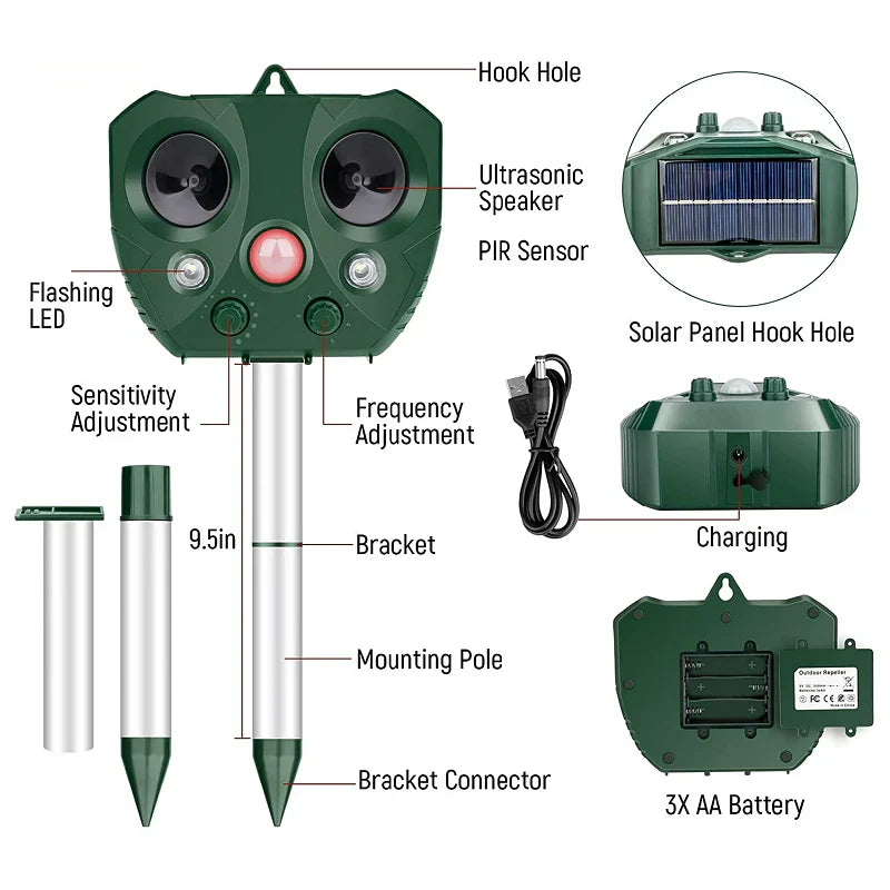 Outdoor Bird Repeller Ultrasonic & LED Solar-Powered USB Backup