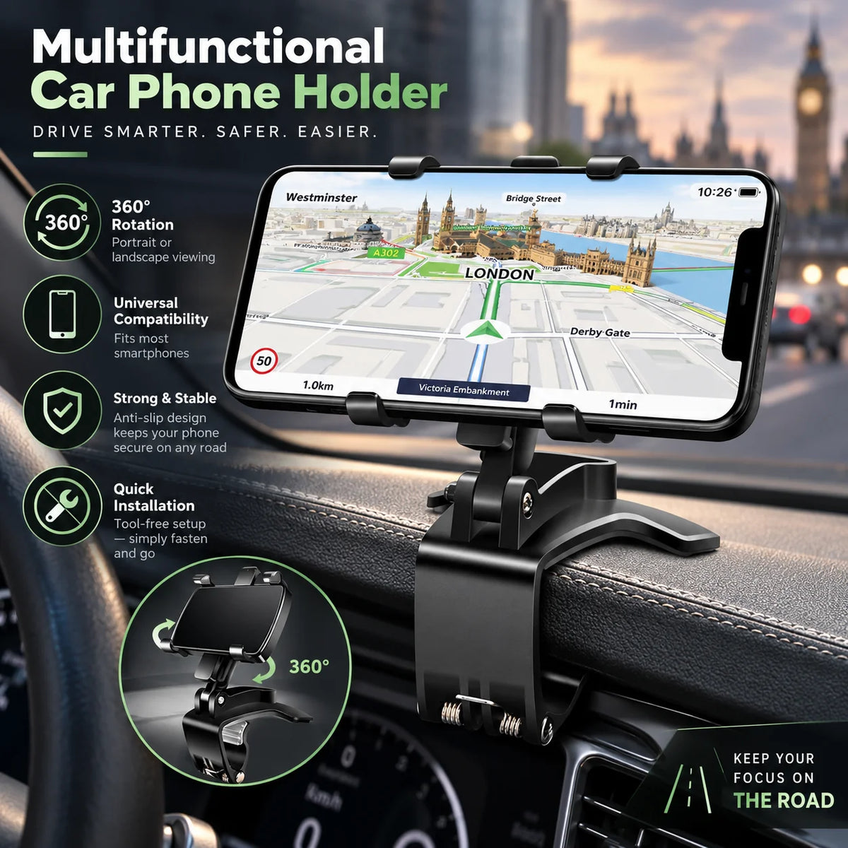 Phone Mount Dashboard Clamp 360 Degree Rotating Anti-Slip Grip