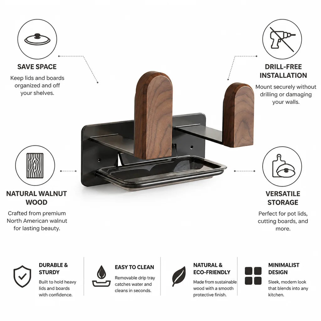Pot Lid Rack Walnut Wood Drill-Free Space-Saving