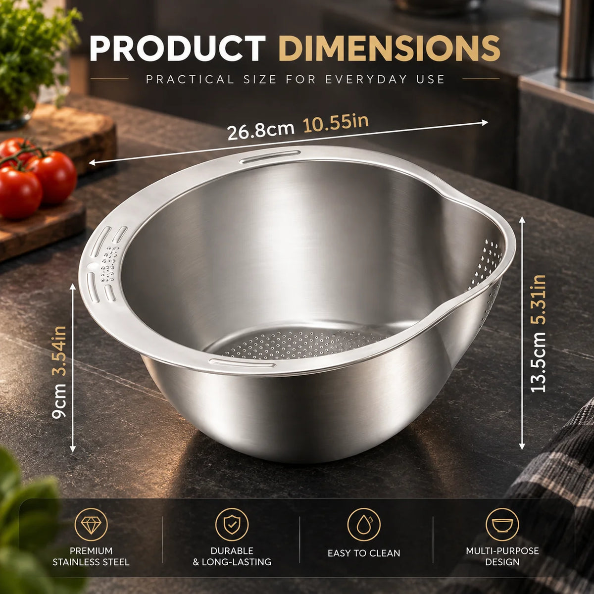 Rice Washing Bowl Stainless Steel 2-in-1 Rinse & Drain