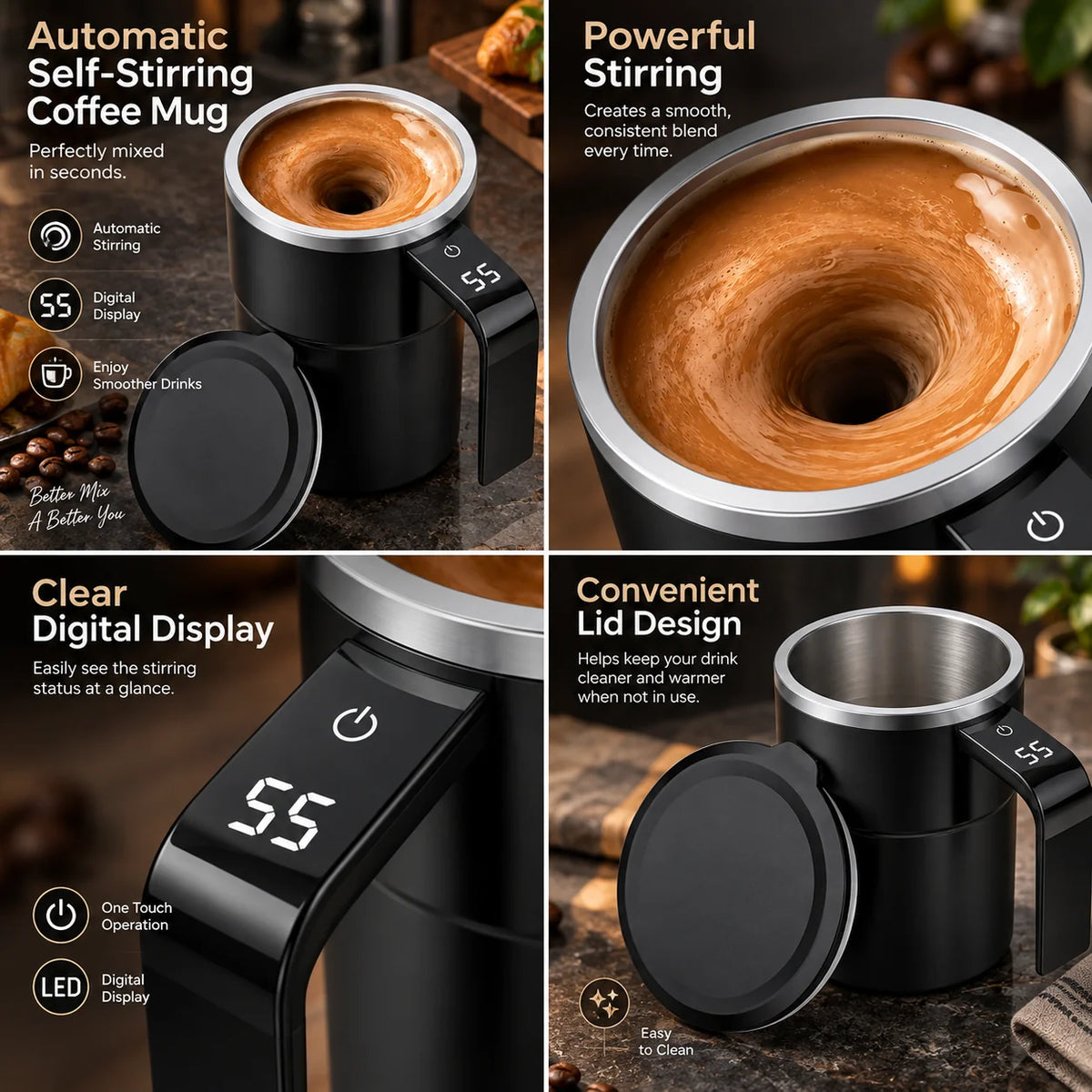 Self-Stirring Mug Rechargeable Magnetic Mixing LCD Temperature