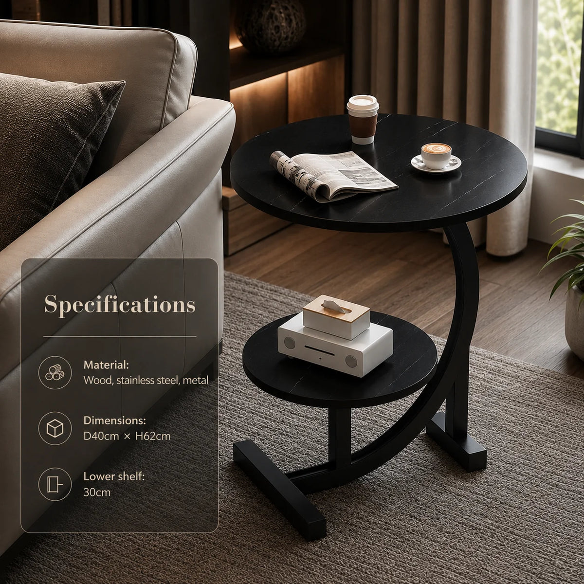 Side Table Two-Tier Wood-Finish Top & Stainless Steel Frame