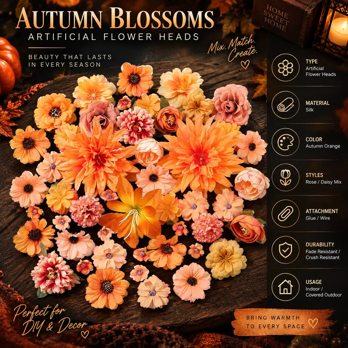 Silk Flower Heads Autumn Orange Reusable Set of 48
