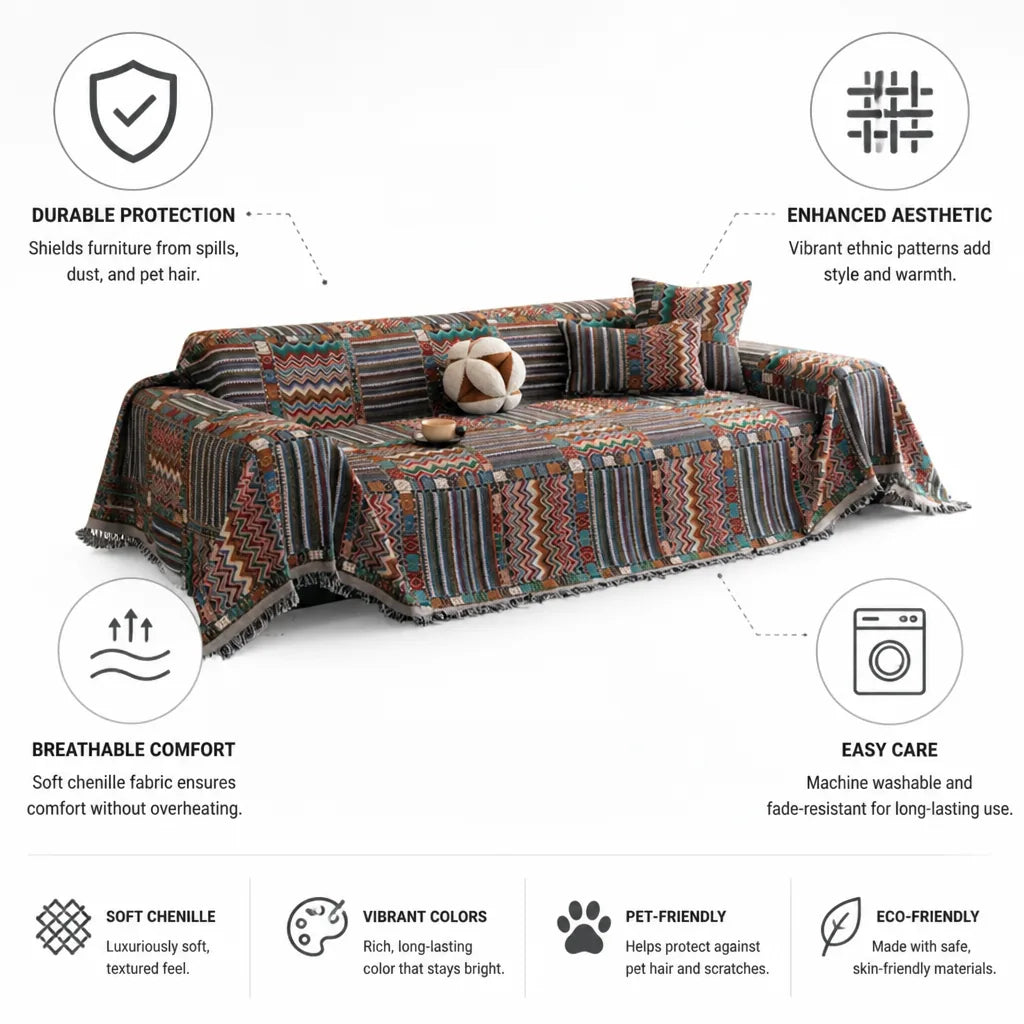 Sofa Cover Boho Striped Chenille Fade-Resistant & Machine Washable
