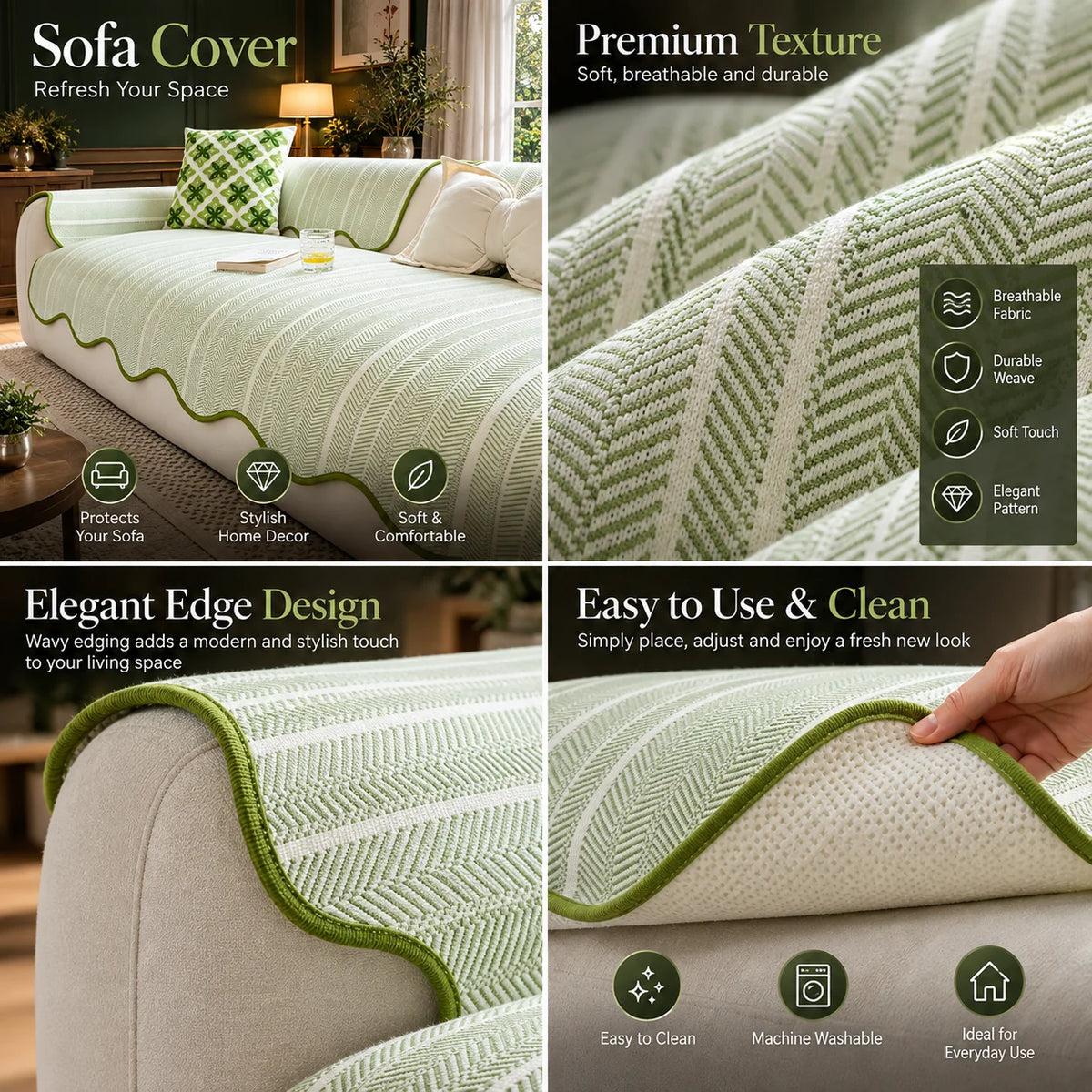 Sofa Cover Microfiber Blend Herringbone Scalloped Edge