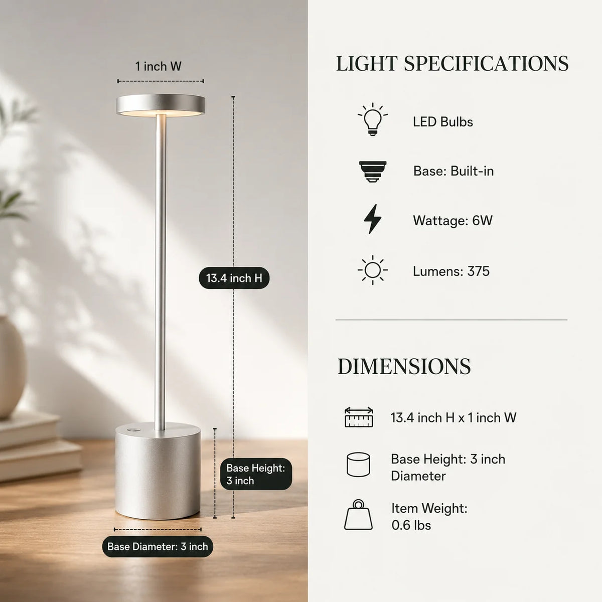 Table Lamp Cordless Rechargeable Three Dimming Levels