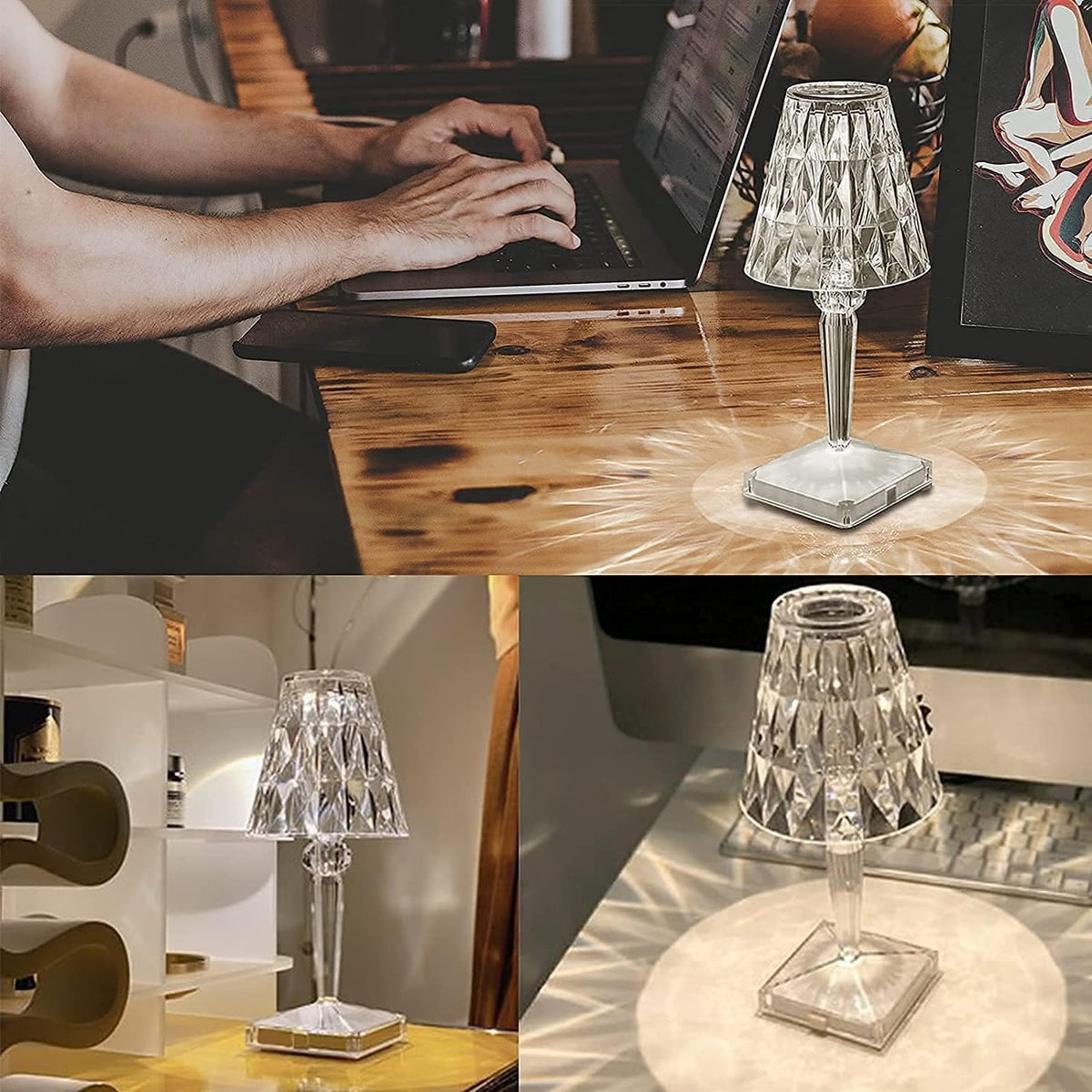 Table Lamp Diamond-Pattern Acrylic LED Touch & USB