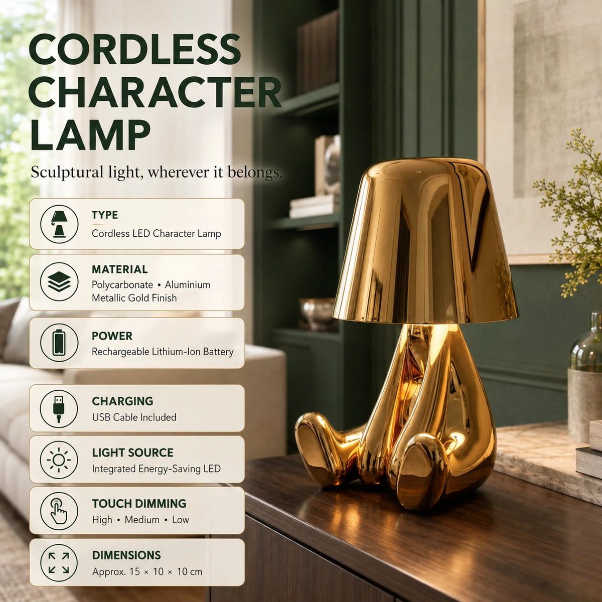 Table Lamp Sculptural Touch-Dimmable USB Rechargeable