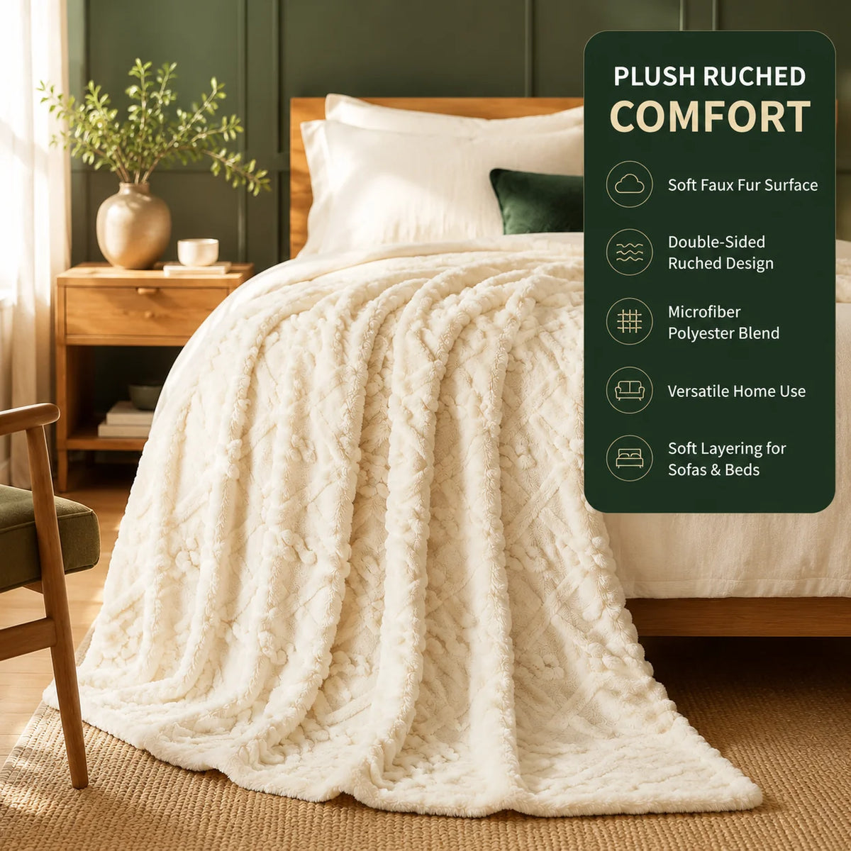 Throw Blanket Ruched Faux Fur Soft Microfiber Blend