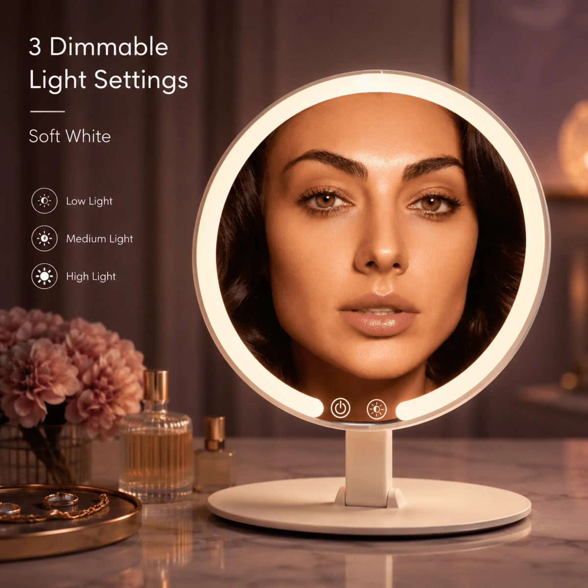 Travel Makeup Mirror 5x Magnification Dimmable LED USB Rechargeable