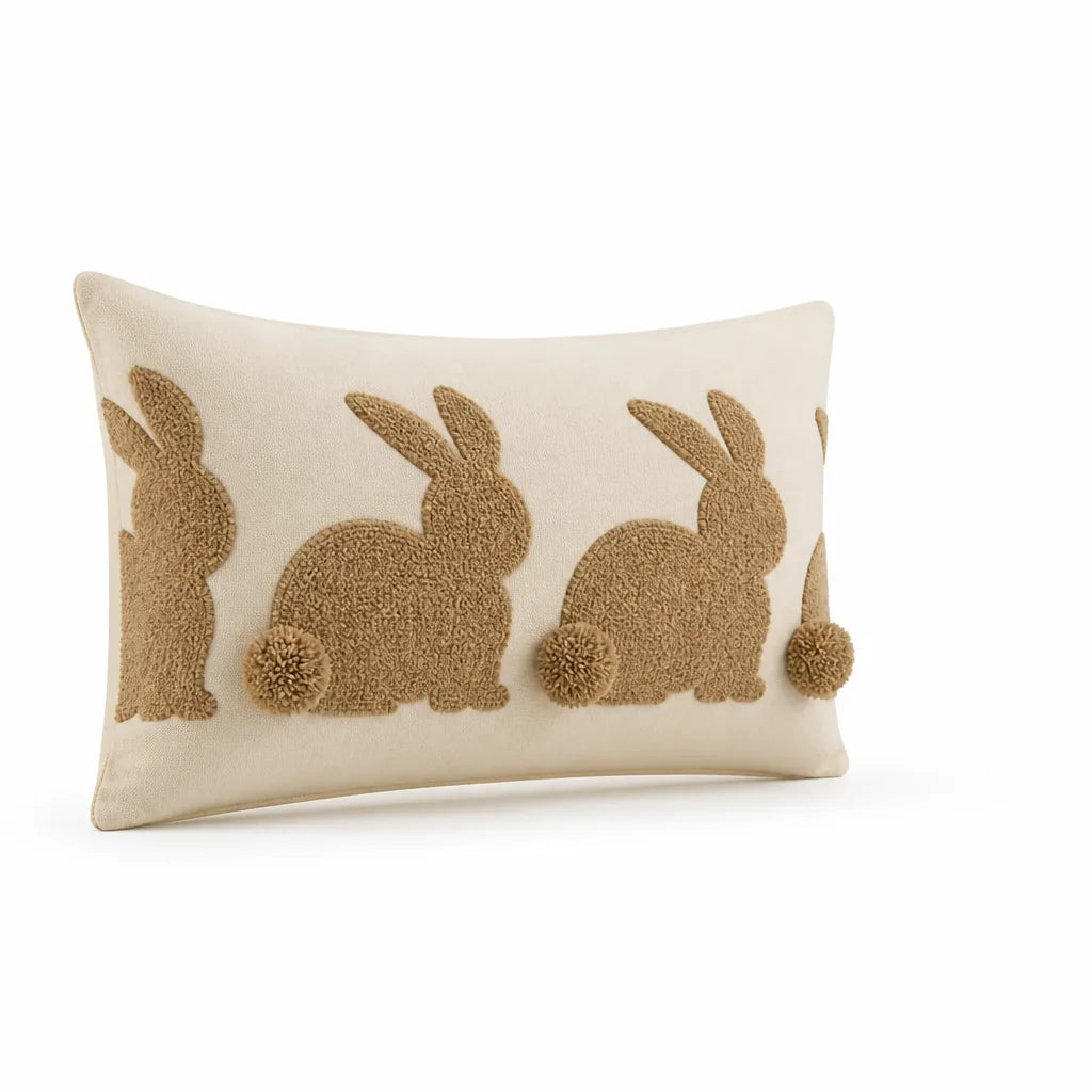 Tufted Bunny Applique Lumbar Throw Pillow Cover (Pom-Pom Tail)