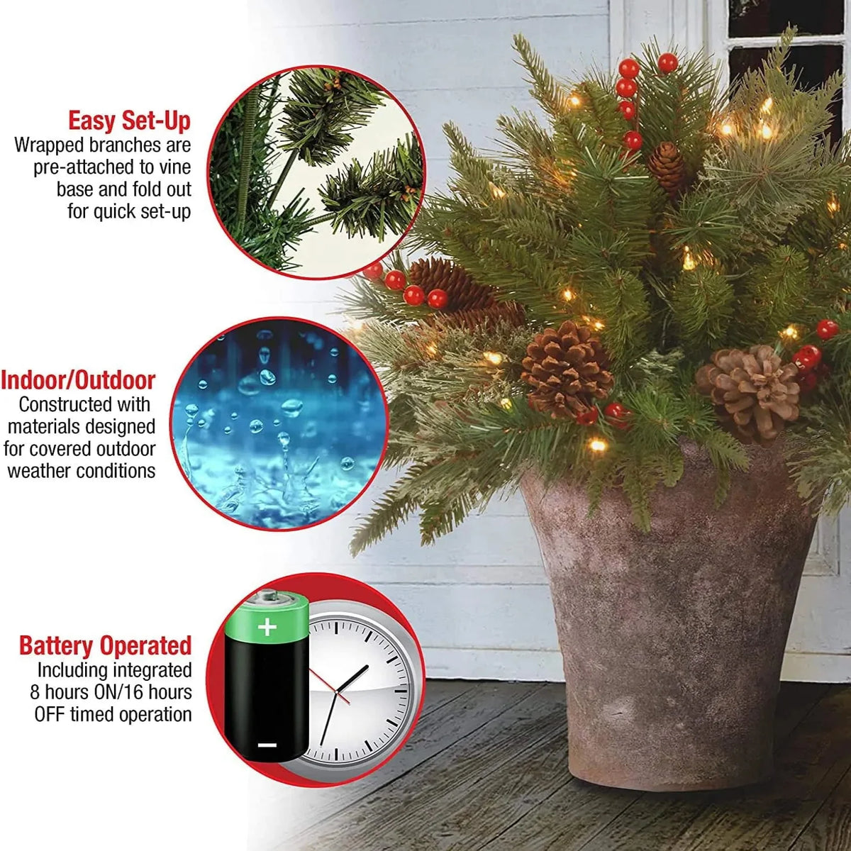 Urn Filler Snow-Dusted Evergreens With Warm White LED Timer