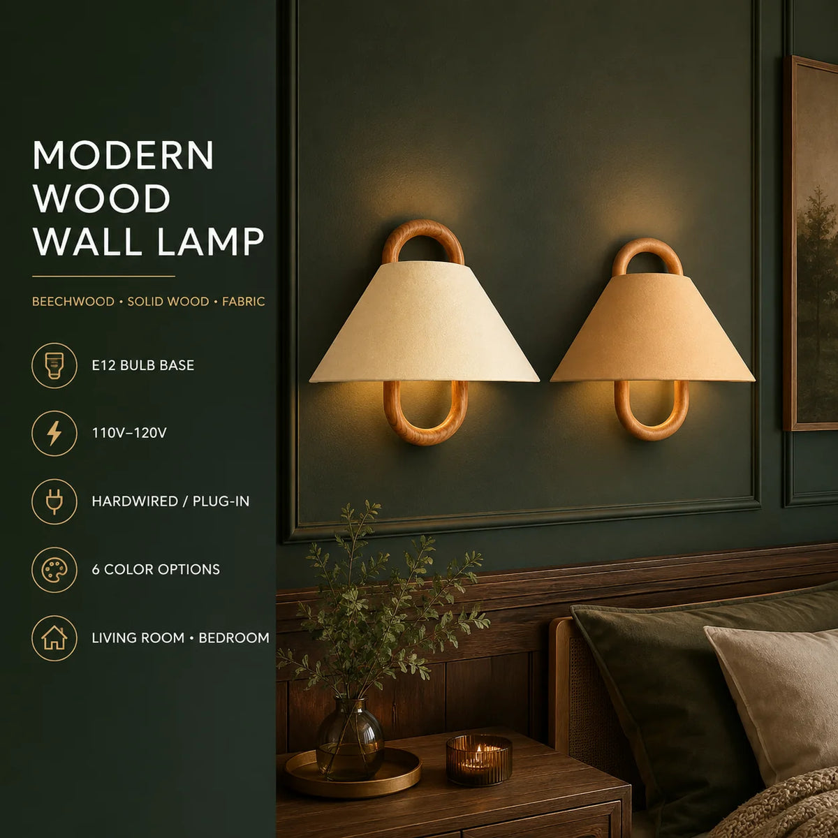 Wall Sconce Fabric Shade Solid Beechwood Plug-In & Hardwired