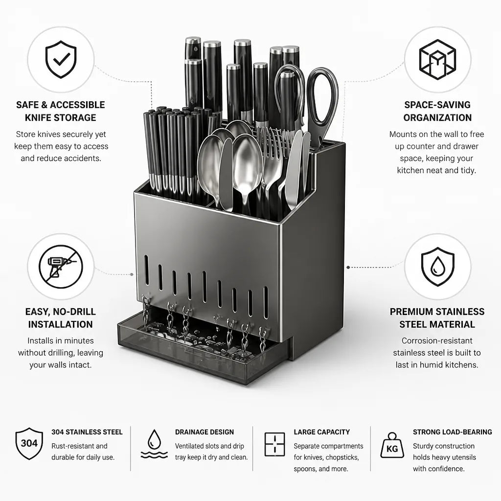Wall Shelf Knife & Chopstick Organizer Stainless Steel No-Drill
