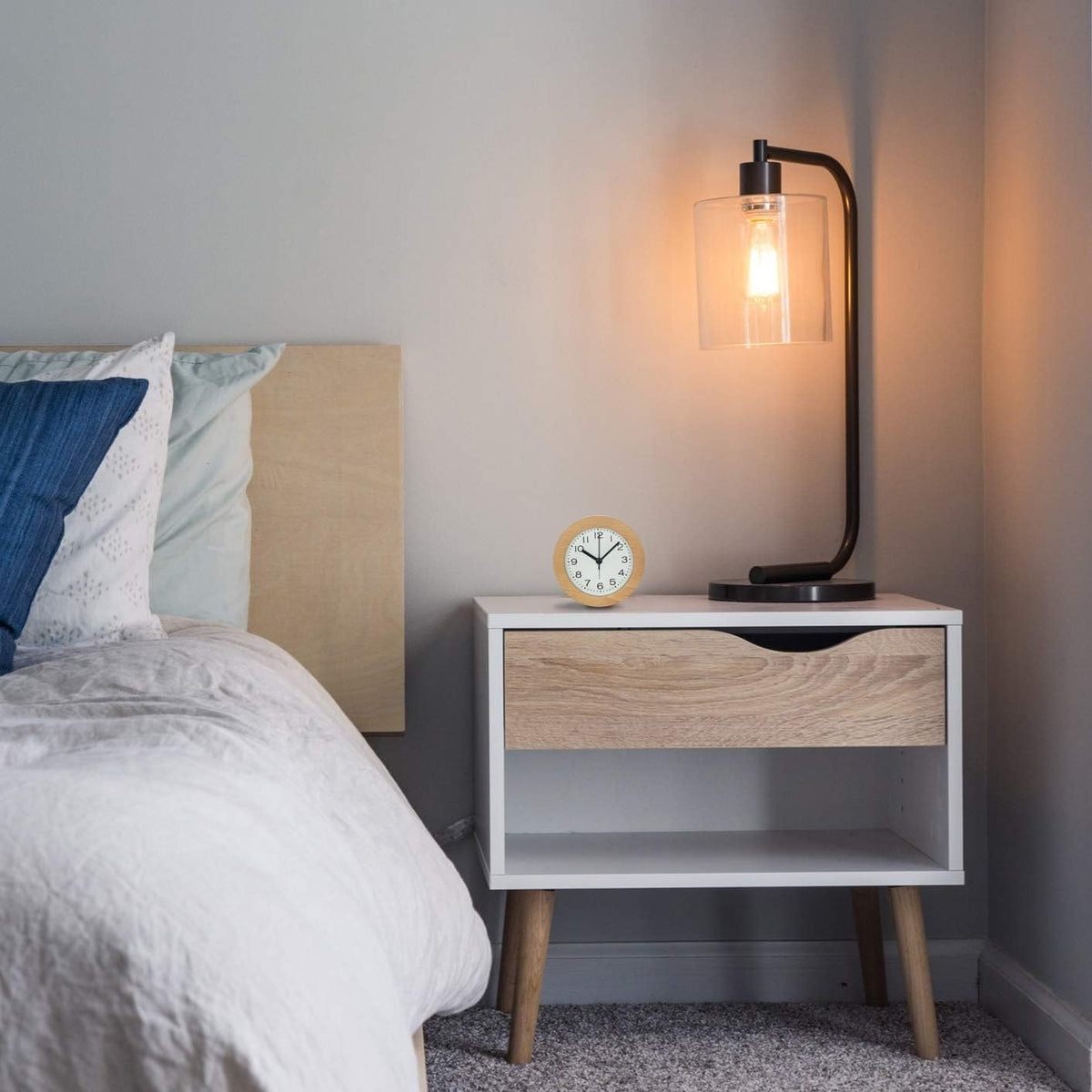 Alarm Clock Beech Wood Silent Movement LED Nightlight