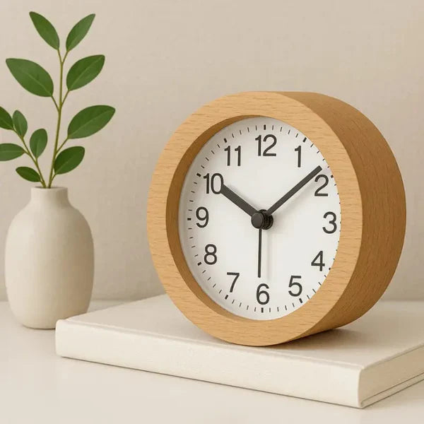 Alarm Clock Beech Wood Silent Movement LED Nightlight