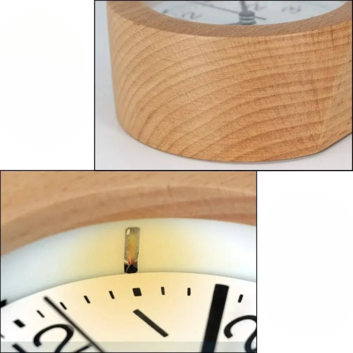 Alarm Clock Beech Wood Silent Movement LED Nightlight