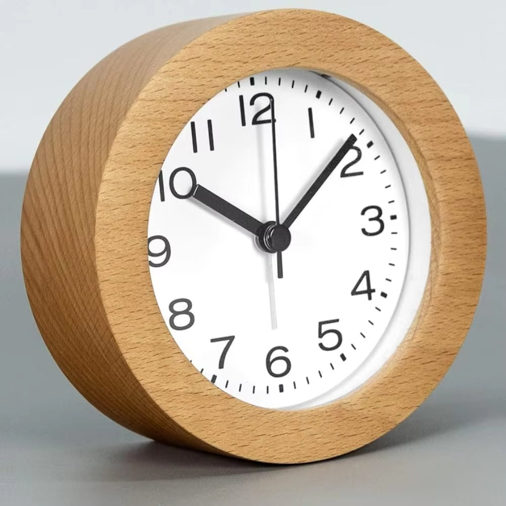 Alarm Clock Beech Wood Silent Movement LED Nightlight