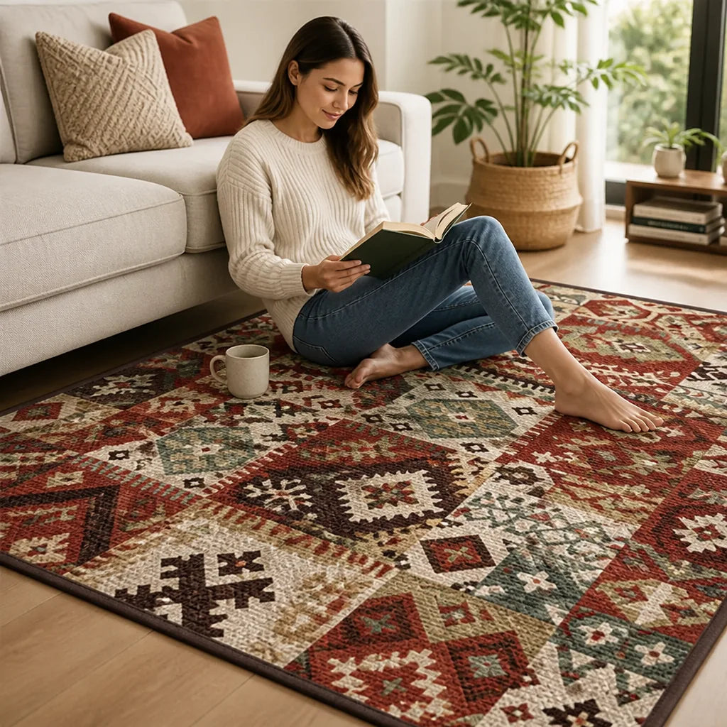 Area Rug Artisan Patchwork Stain-Resistant Soft Underfoot