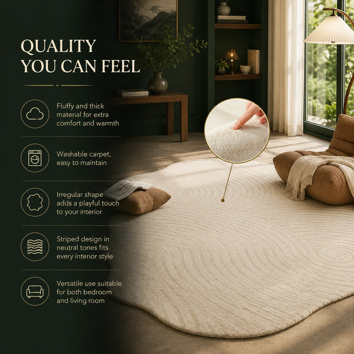 Area Rug Cream High Pile Carved Pattern