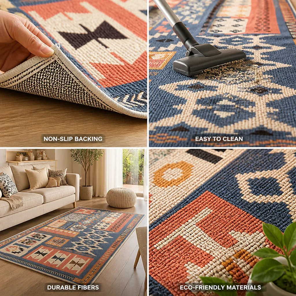 Area Rug Geometric Pattern Non-Slip Backing Easy-Care