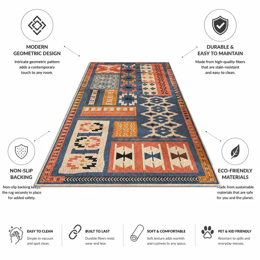 Area Rug Geometric Pattern Non-Slip Backing Easy-Care