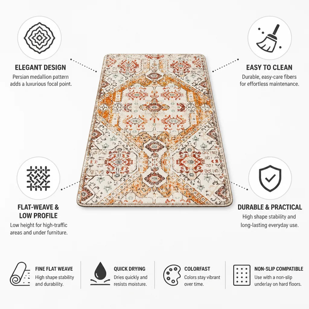 Area Rug Persian Medallion Flat-Weave Low-Profile