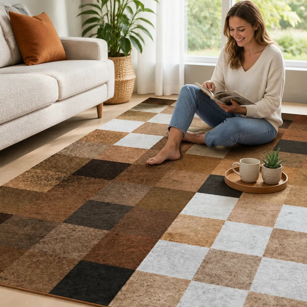 Area Rug Textured Geometric Patchwork & Non-Slip Backing