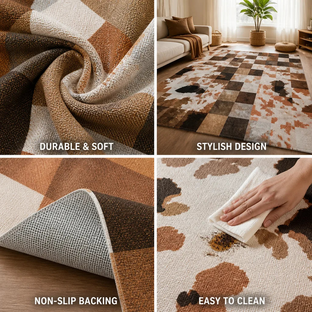 Area Rug Textured Geometric Patchwork & Non-Slip Backing