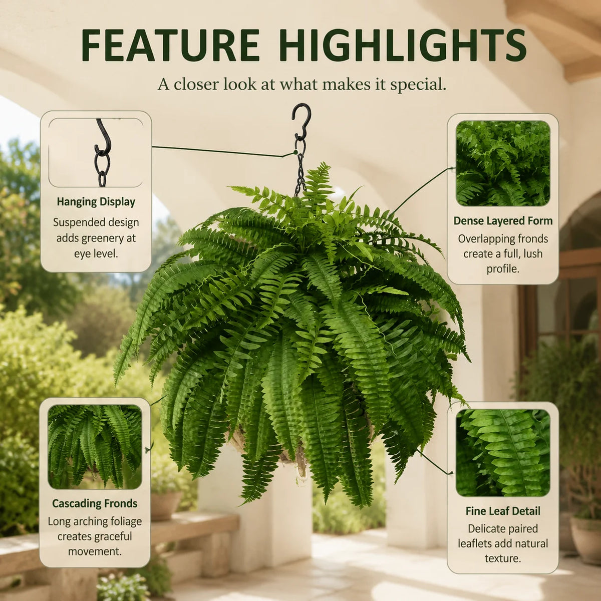 Artificial Boston Fern Lifelike Cascading Fronds UV Resistant